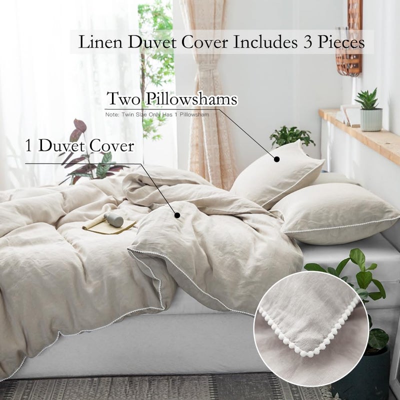 Simple&Opulence 100% Washed Linen Duvet Cover with Pom Pom Trim, Natural French Flax Bedding Set Soft Breathable,1 Farmhouse Boho Comforter Cover and 2 Pillow Shams(Queen,Natural Linen) - Image 5